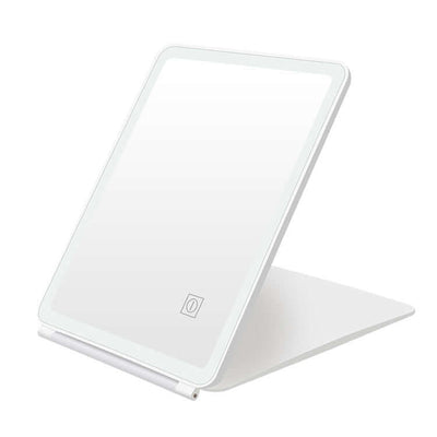 Clamshell desktop LED touch dressing mirror with light, white ABS frame, perfect for bedroom or bathroom use.
