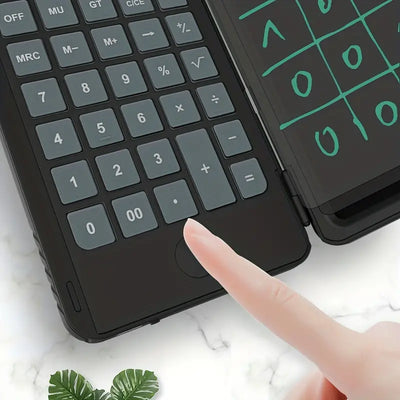 Close-up of an LCD calculator showing a finger writing notes on the screen, highlighting its unique note-taking feature.