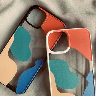 Color block phone cases in contrast colors with geometric shapes, suitable for various iPhone models.