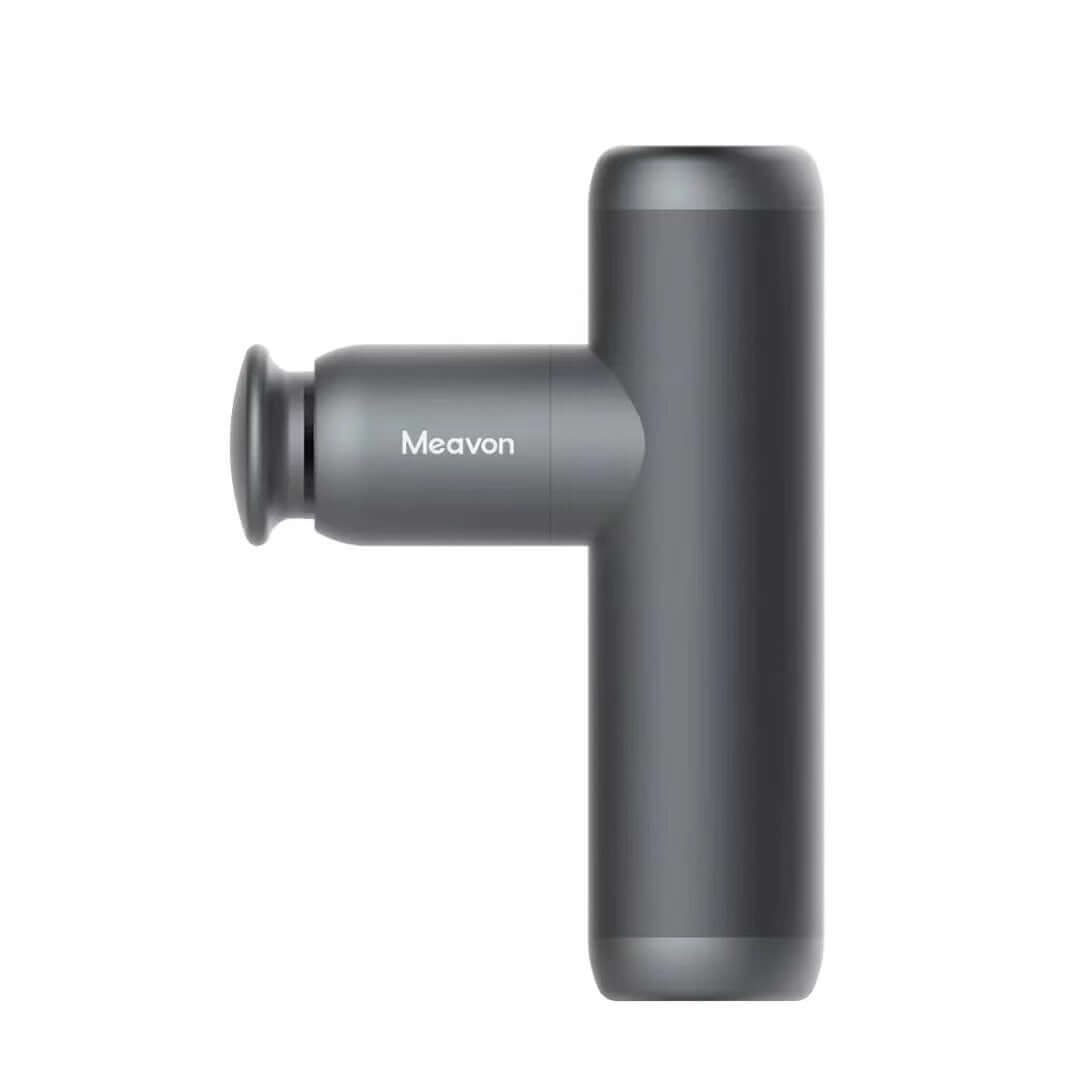Gray mini pocket massage gun by Meavon, featuring brushless motor and portable design for on-the-go muscle relief.