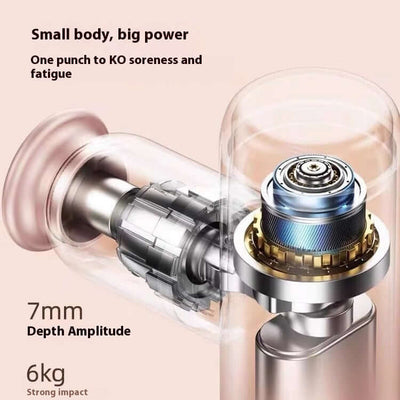 Close-up of mini massage gun motor showing 7mm depth amplitude, designed for powerful muscle relief and recovery.