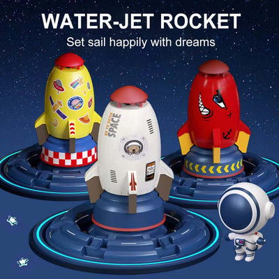 Colorful water-jet rocket toys on launch pads, designed for fun and imaginative play in a garden setting.