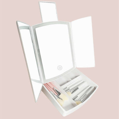 Household LED folding makeup mirror with light, featuring a sleek design in white, ideal for bedroom or bathroom use.