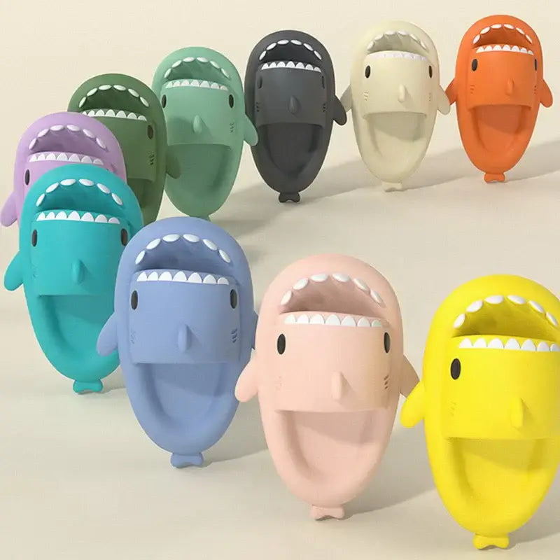 Colorful shark slides in various shades, perfect for stylish comfort in everyday activities.