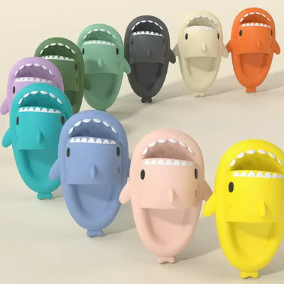 Colorful shark slides in various shades, perfect for stylish comfort in everyday activities.