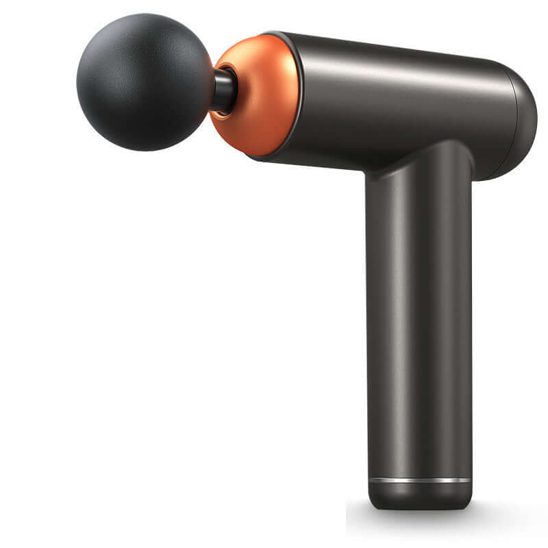 Compact black massage gun with orange accents for full body relaxation and muscle recovery.