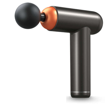 Compact black massage gun with orange accents for full body relaxation and muscle recovery.