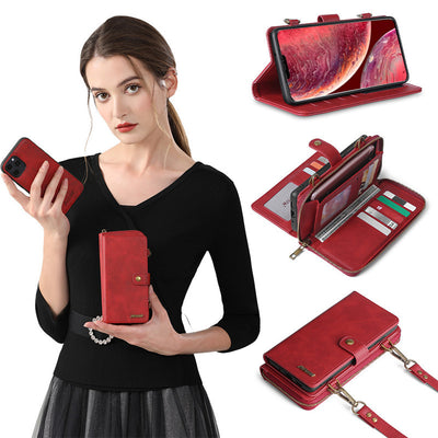 Red detachable wallet backpack phone case compatible with iPhone, showcasing stylish design and durable material.