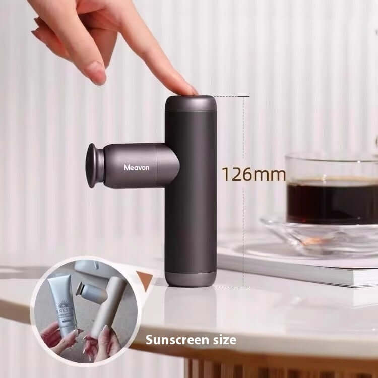 Mini pocket electric massage gun, compact design, 126mm size, gray color, ideal for portable relaxation and pain relief.