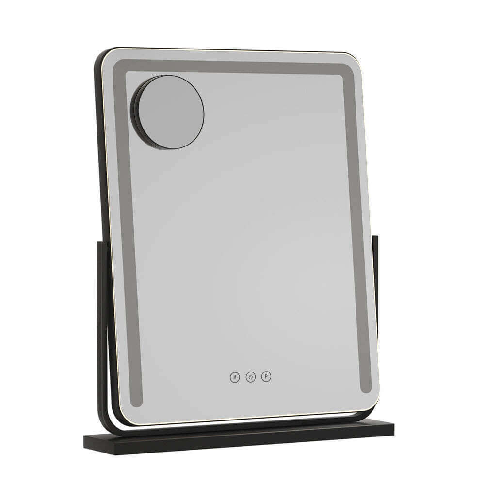 Modern desktop smart LED cosmetic mirror in sleek white and black design, ideal for bedrooms and commercial use.