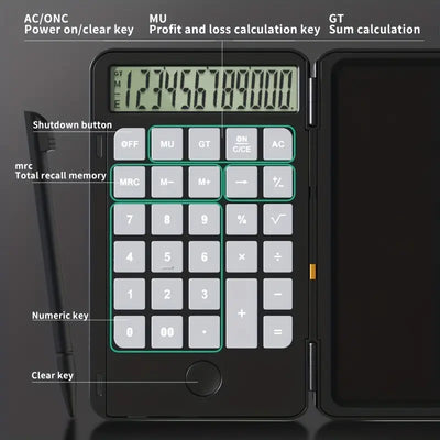 LCD calculator features numeric keys, shutdown button, and profit/loss calculation key for streamlined math work.