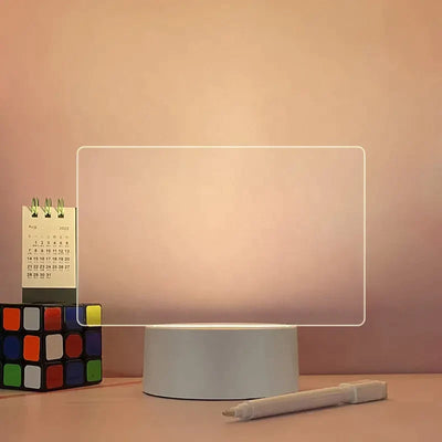 LED Note Board displayed on a stylish base with a calendar and a colorful cube puzzle.