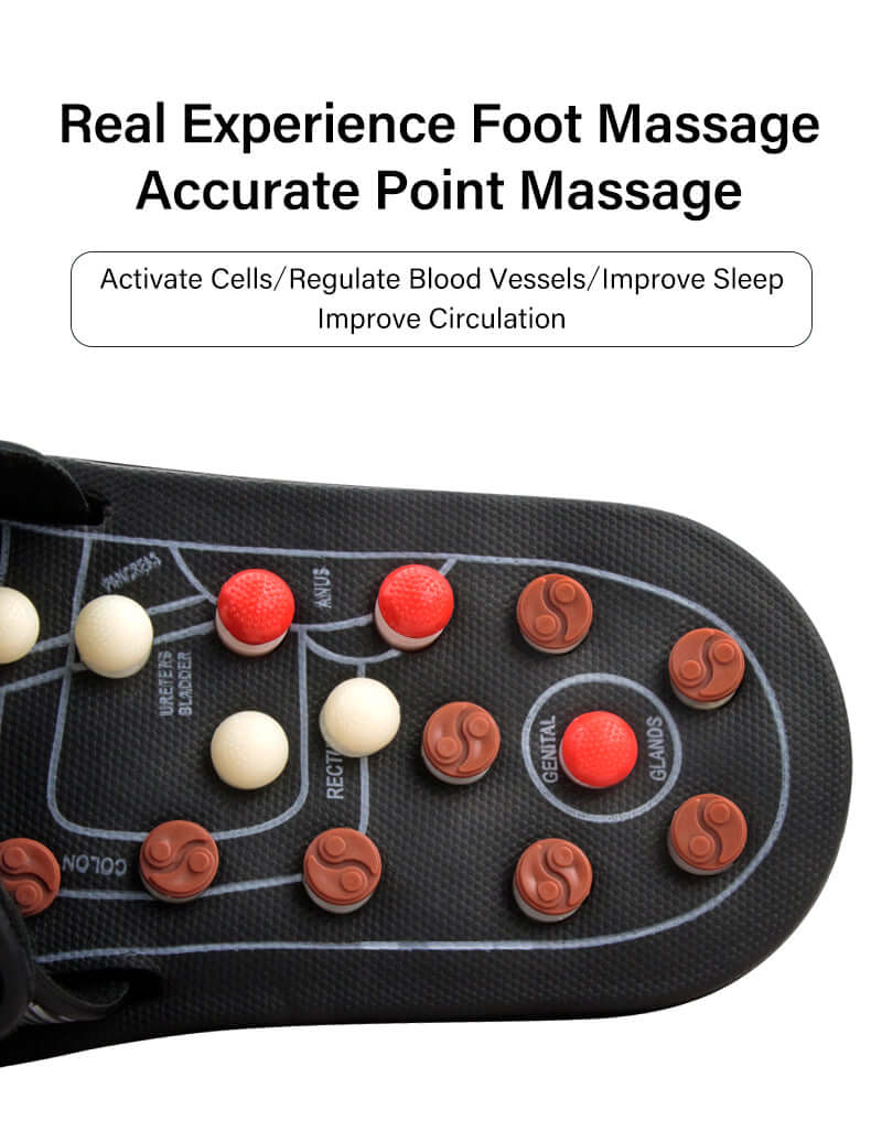 Close-up of acupressure slippers showing pressure points for foot massage and circulation improvement.