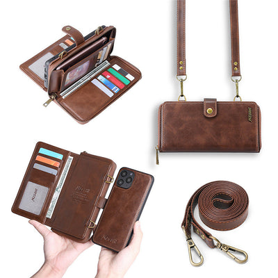 Detachable wallet backpack phone case in brown leather, showcasing credit card slots and adjustable strap, compatible with iPhones.