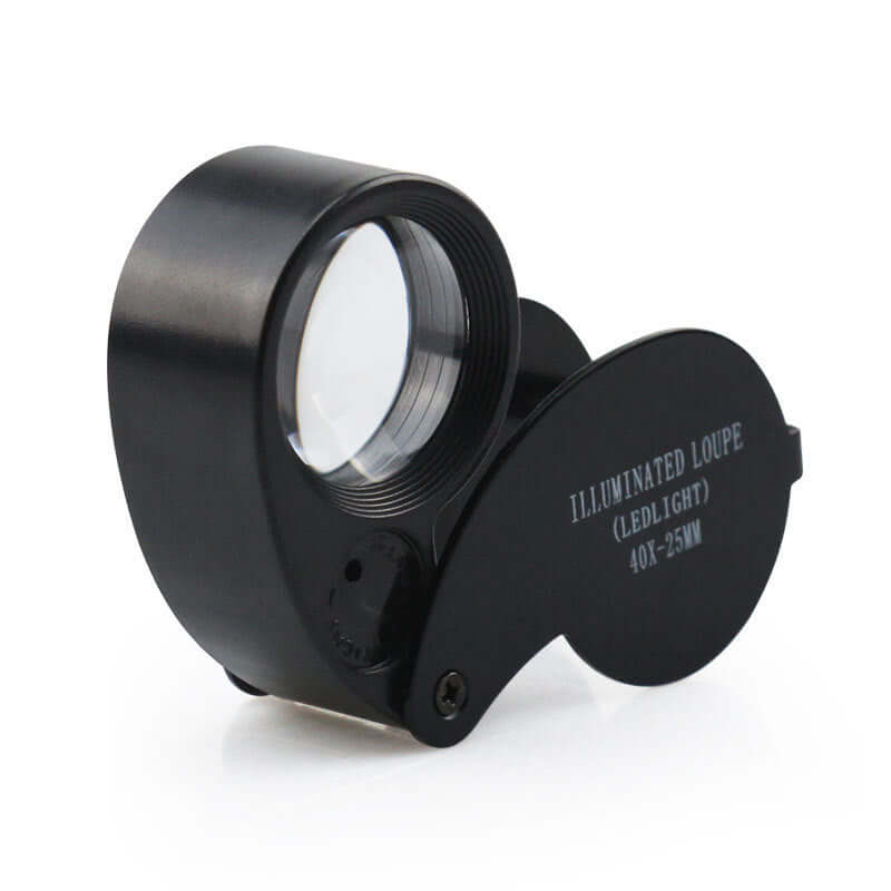 Folding jewelry mirror with LED light, black aluminum design, 40x magnification, compact and portable for easy use.