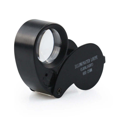 Folding jewelry mirror with LED light, black aluminum design, 40x magnification, compact and portable for easy use.