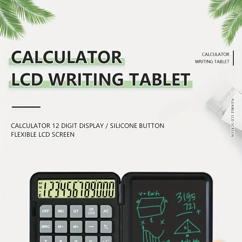 LCD calculator with writing tablet, 12 digit display, silicone buttons, perfect for math notes and calculations.