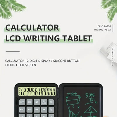 LCD calculator with writing tablet, 12 digit display, silicone buttons, perfect for math notes and calculations.