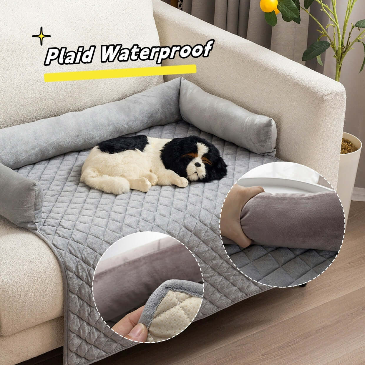 Waterproof plaid pet sofa bed with plush dog, featuring removable cushion and soft fabric for comfort.