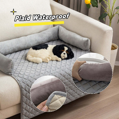 Waterproof plaid pet sofa bed with plush dog, featuring removable cushion and soft fabric for comfort.