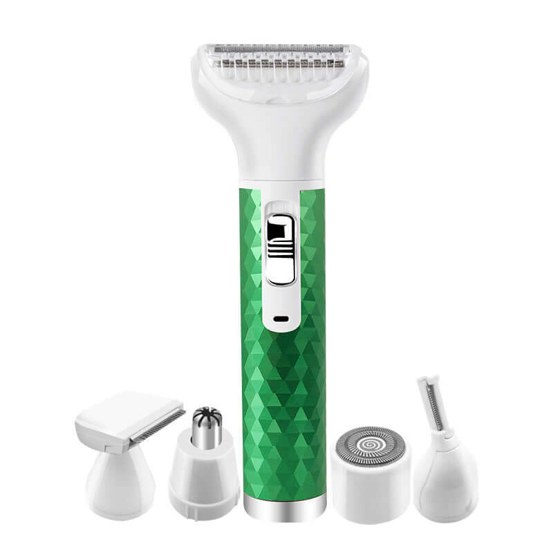 Portable electric razor for women with five attachments including nose hair trimmer and eyebrow shaver.