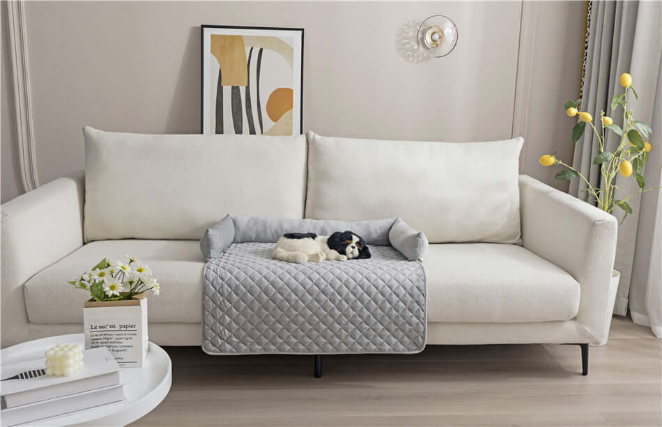 Cozy pet dog sofa bed on a modern couch, providing warmth and comfort for large dogs and cats.