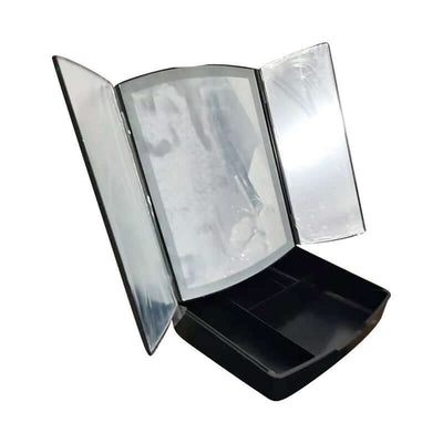 Household LED folding makeup mirror with light in black color, featuring a tri-fold design and storage compartment.