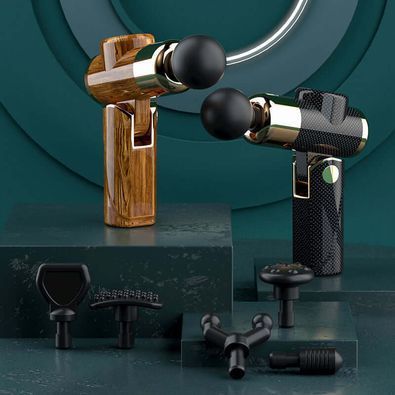 USB Mini Massage Guns in wood grain and carbon fiber with interchangeable massage heads for muscle relaxation.
