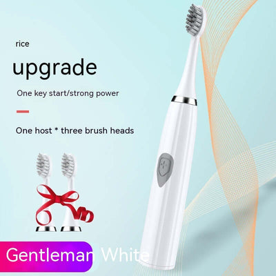 Rechargeable waterproof electric toothbrush in white with three brush heads, featuring one-key start and strong power.