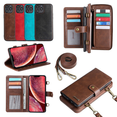 Detachable wallet backpack phone cases in various colors with card slots, designed for compatible Apple devices.