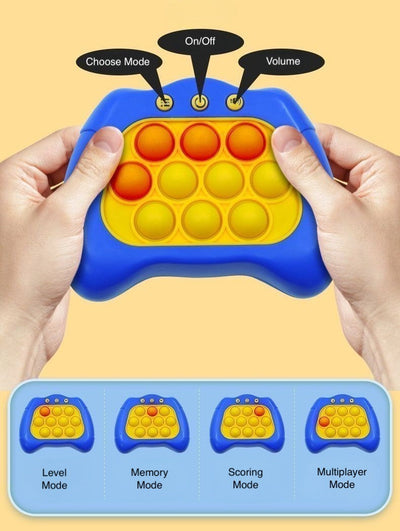 Hands holding a colorful Push Popper controller with buttons for mode, volume, and on/off in a playful design.