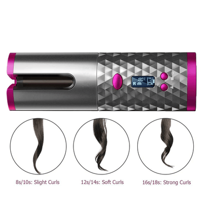 Portable hair curler showcasing different curl styles: slight curls, soft curls, and strong curls with digital display.