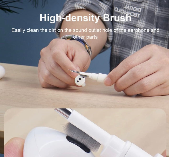 High-density brush being used to clean Airpods effectively and easily for proper maintenance and hygiene.