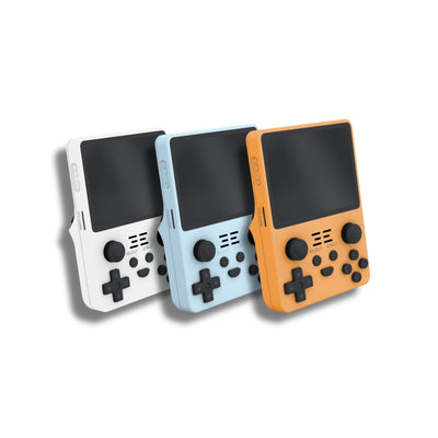 Three stylish arcade consoles in white, blue, and orange colors, featuring easy-to-use buttons and a sleek design.