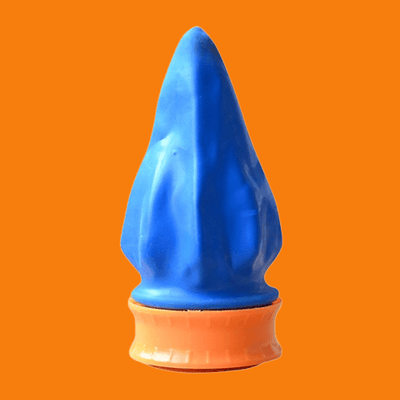 Blue slingshot cup against an orange background, designed for fun and power in a portable size.