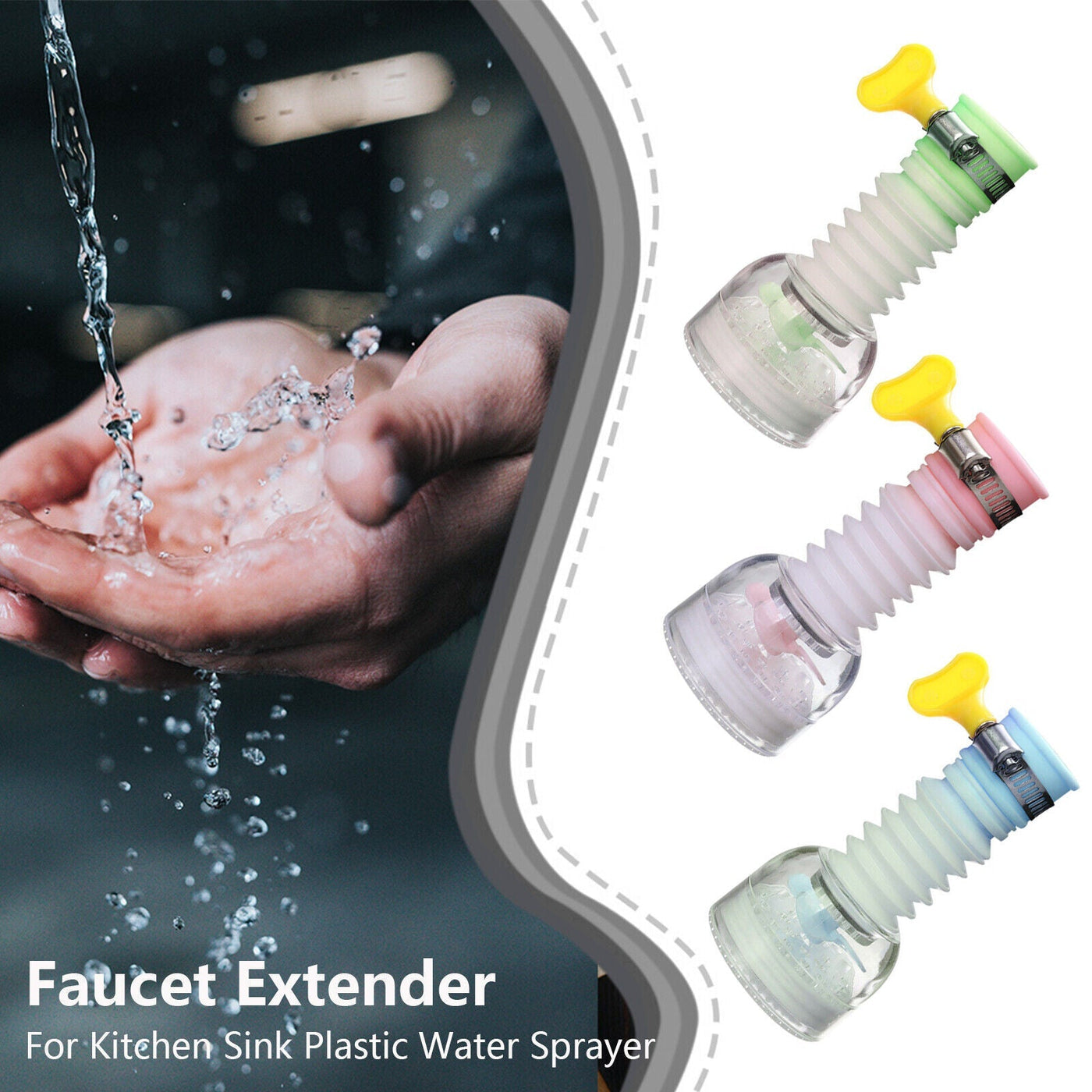 Faucet extenders for kitchen sink with flexible sprayer in pink, green, and blue, reducing splash and enhancing washing.