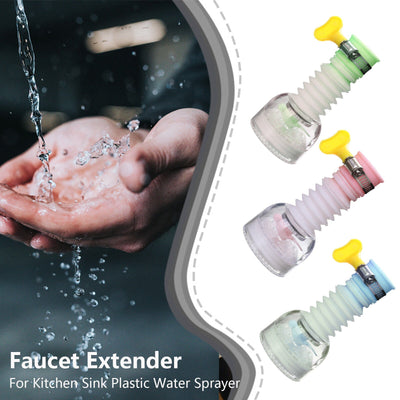 Faucet extenders for kitchen sink with flexible sprayer in pink, green, and blue, reducing splash and enhancing washing.