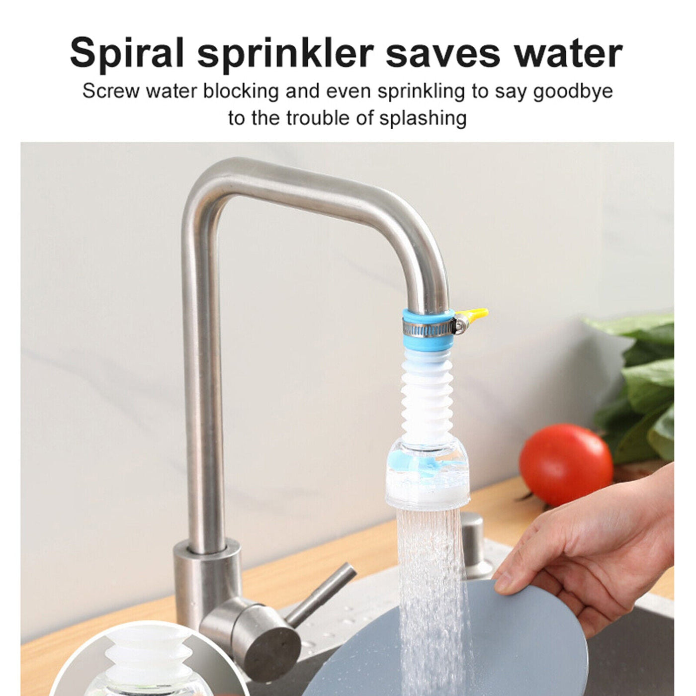 Spiral sprinkler attachment on kitchen faucet for reducing water splash and saving water.