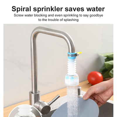 Spiral sprinkler attachment on kitchen faucet for reducing water splash and saving water.