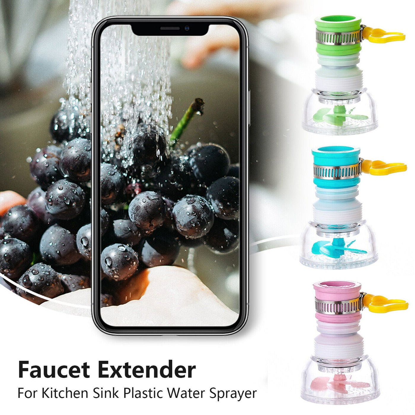 Faucet extenders for kitchen sprayers in vibrant colors, enhancing flexibility for washing dishes and fruits with minimal splashing.